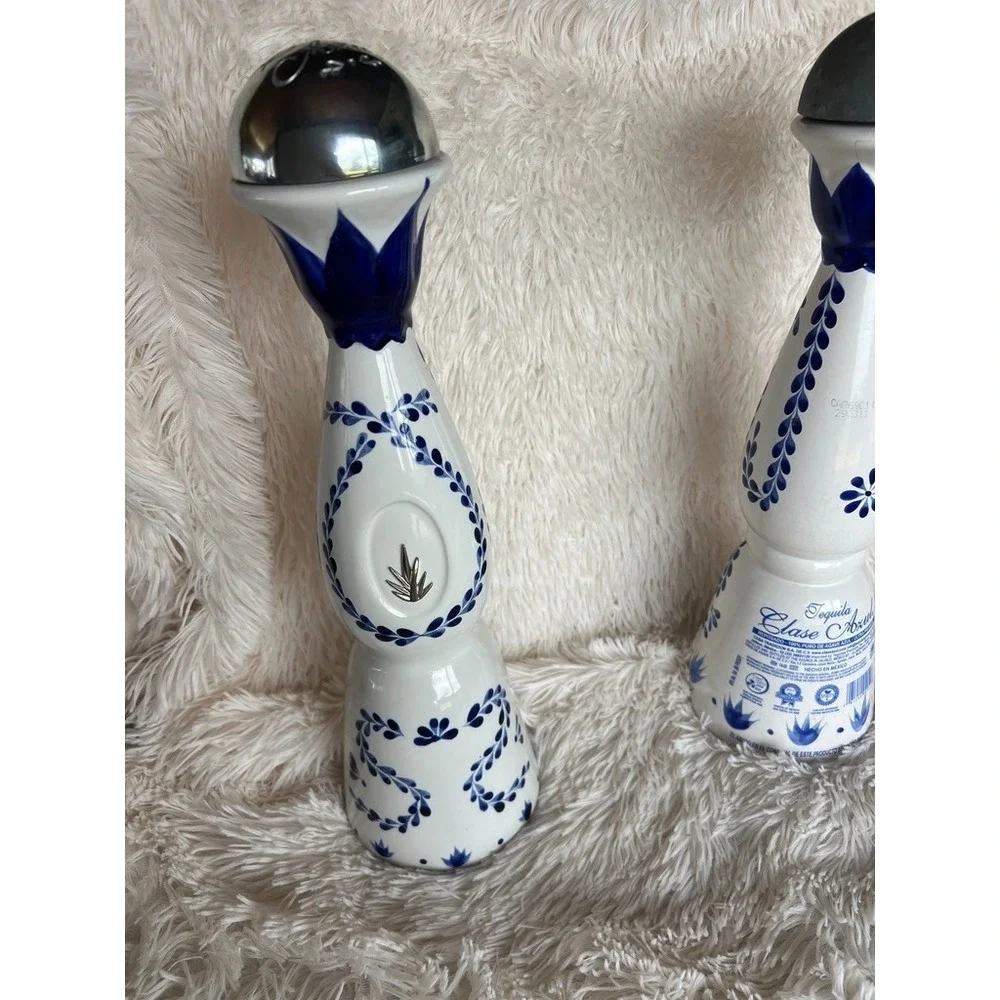 Clase Azul Empty Tequila‎ Bottles Set Hand Painted Ceramic Blue White Decor Bar